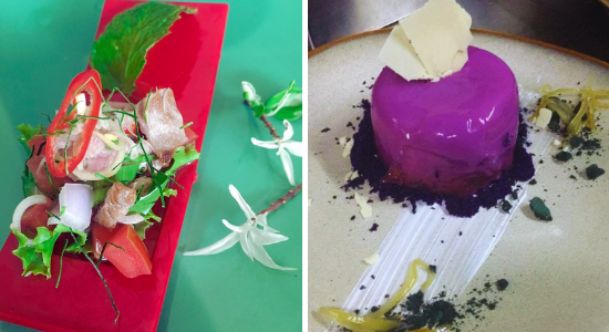 collage: on left is a thai salad, on right is a purple ube cheesecake