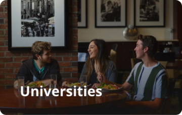 Group of friends sitting down at a restaurant having lunch. Text over the image says: Universities. Sodexo US University Tampa