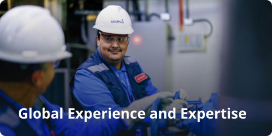 Two engineers at work. Text over image says: global experience and expertise 